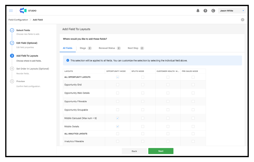 Screenshot of Clari Studio field configuration settings