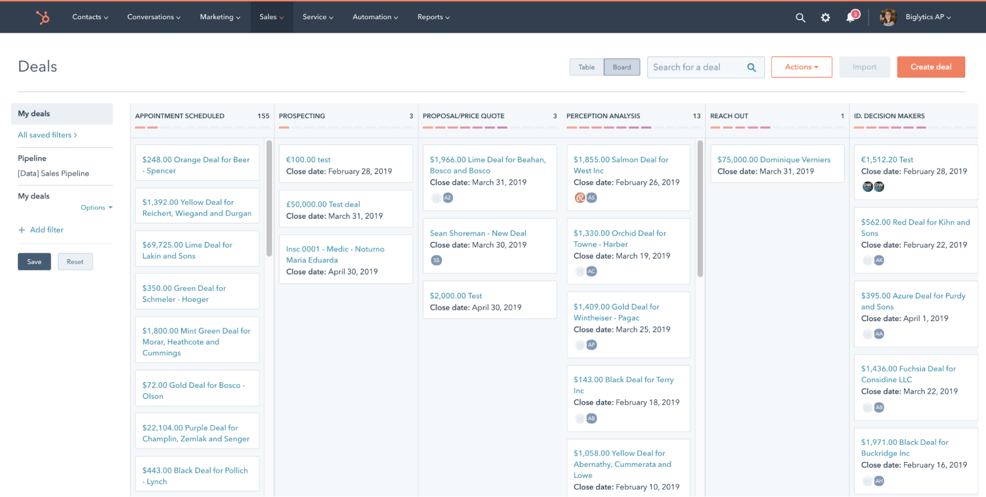 HubSpot Sales Hub Deals dashboard.