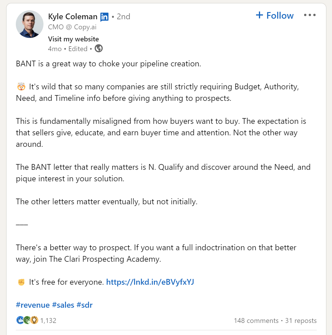 LinkedIn post on issues with BANT by Clari CMO Kyle Coleman