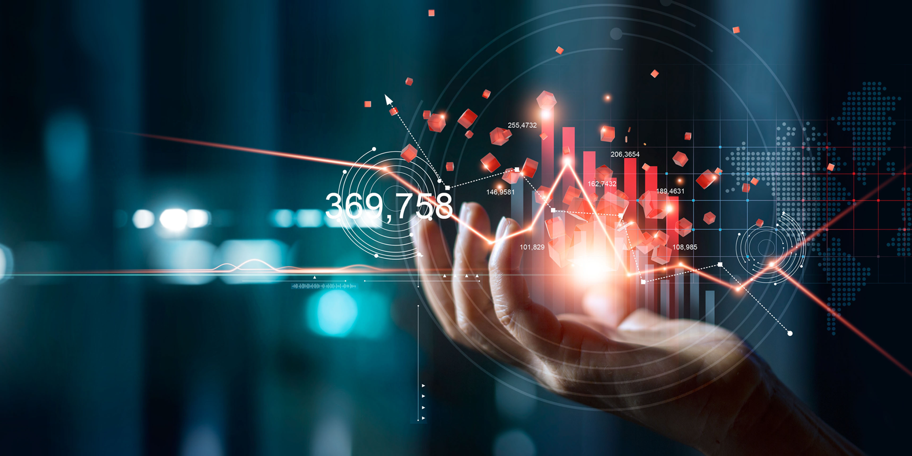 Abstract image of a hand holding a bar chart and other depictions of data