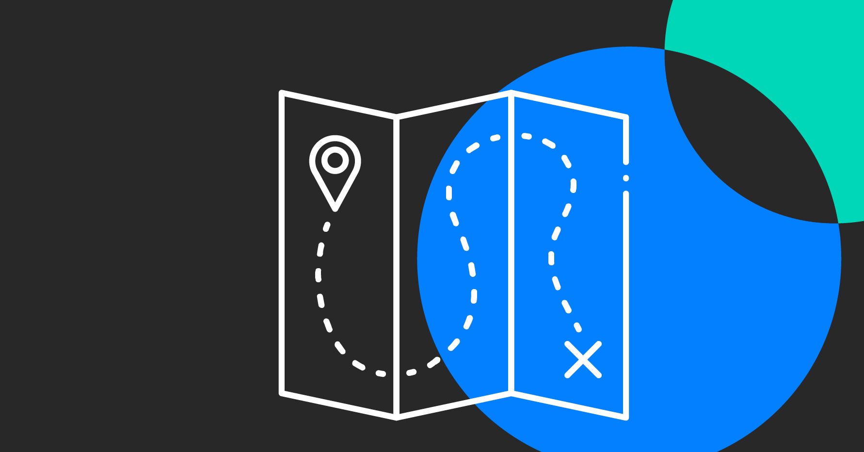 Illustration of a map overlapping two intersecting circles on a black background