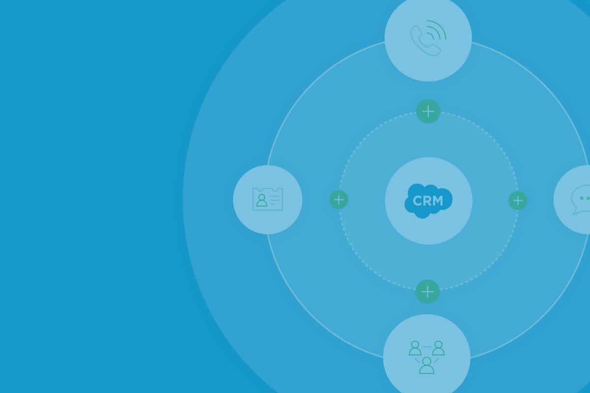 Stylized illustration of a CRM surrounded by circles representing buyer information, phone calls, chats, and meetings