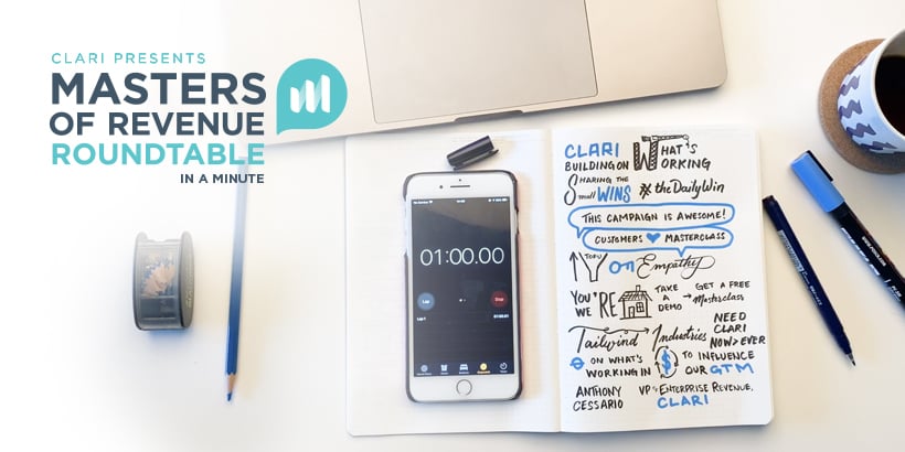 Banner promoting Masters of Revenue Roundtable In a Minute with a photograph of an iPhone, notebook, and pens