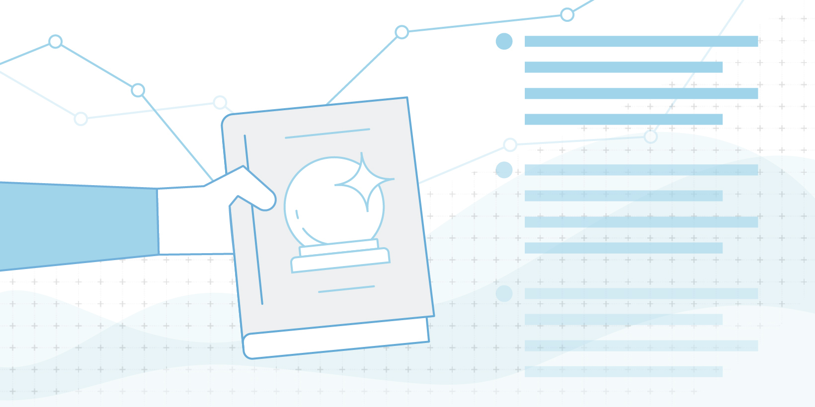 Illustration of a hand holding a book with a crystal ball on the cover overlaying a line graph