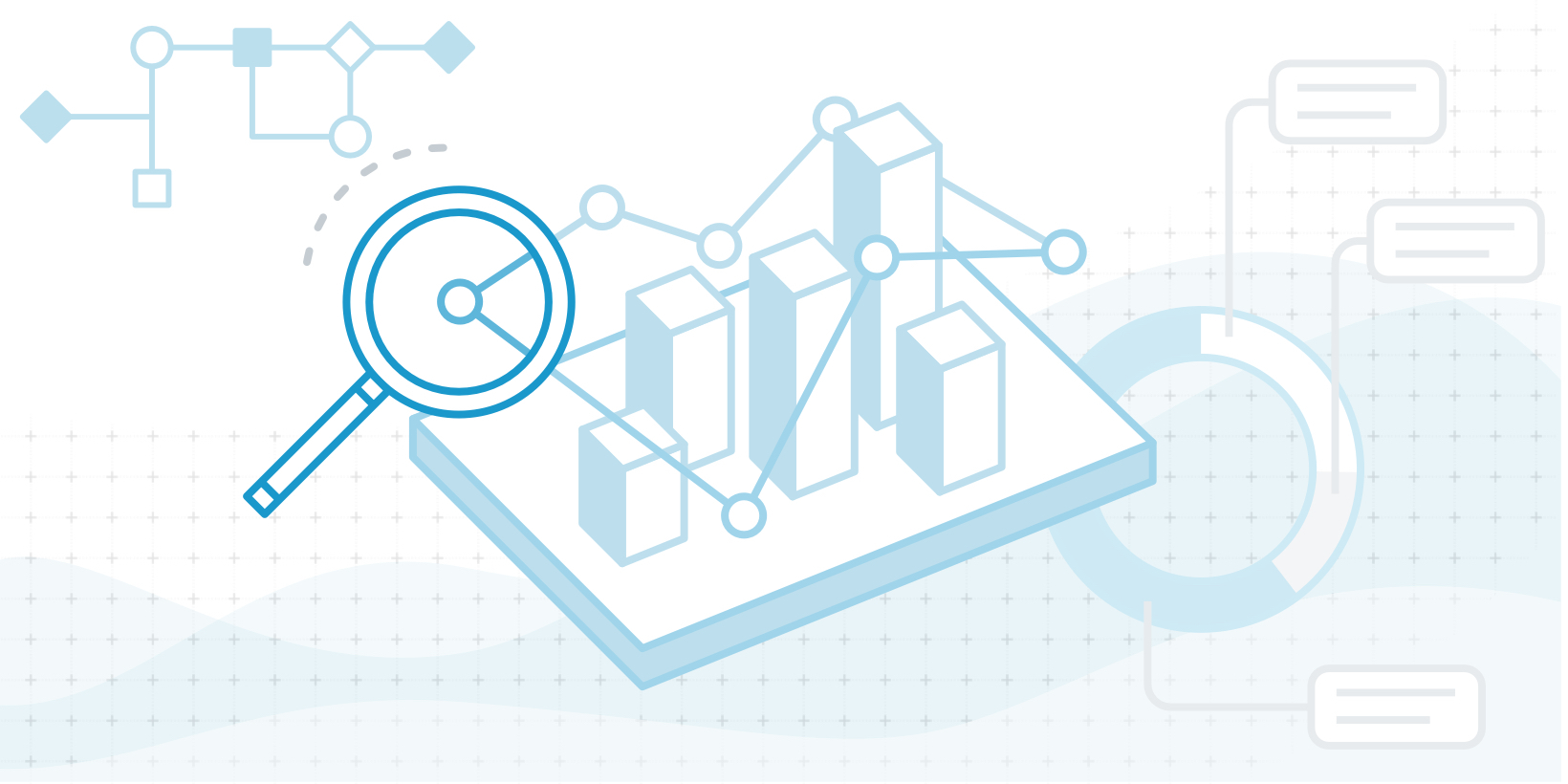 Stylized illustration of magnifying glass overlapping a 3D bar chart and line graph