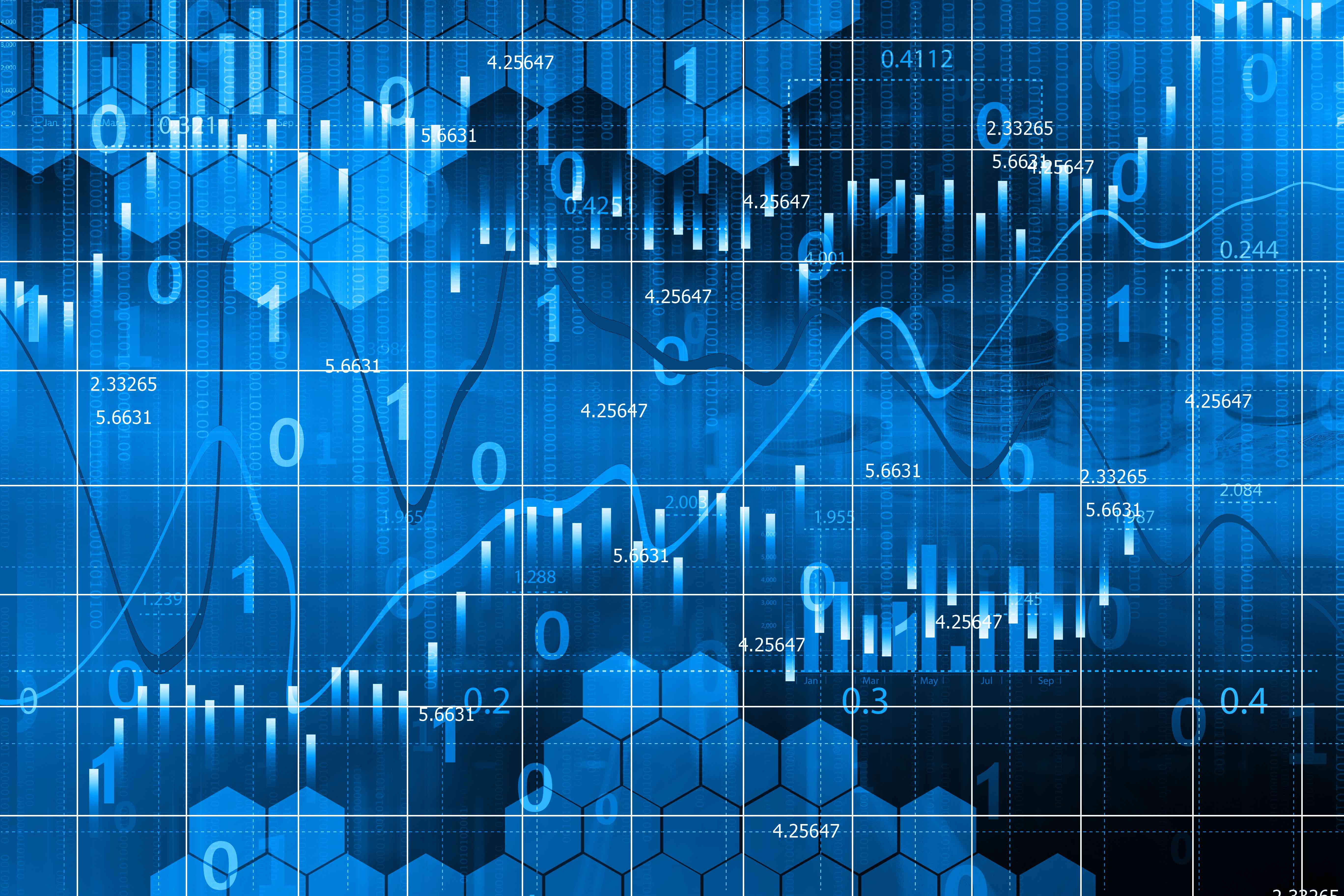 Stylized illustration showing overlapping blue line graphs and bar charts