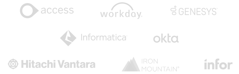 Logos of Access, Workday, Genesys, Informatica, Okta, Hitachi Ventura, Iron Mountain, and Infor