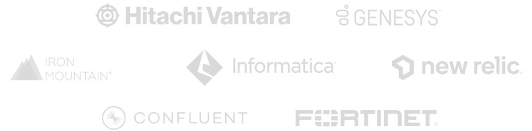 Logos of Hitachi Vantara, Genesys, Iron Mountain, Informatica, New Relic, Confluent, Fortinet