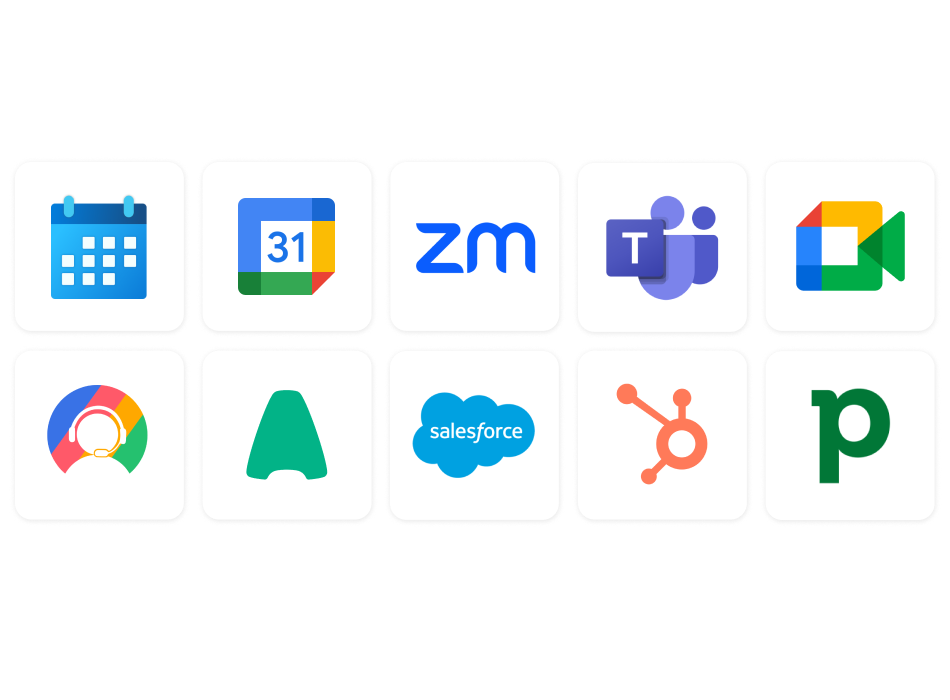 Copilot integrations include Microsoft Outlook, Gmail, Zoom, Microsoft Teams, Google Meets, and more