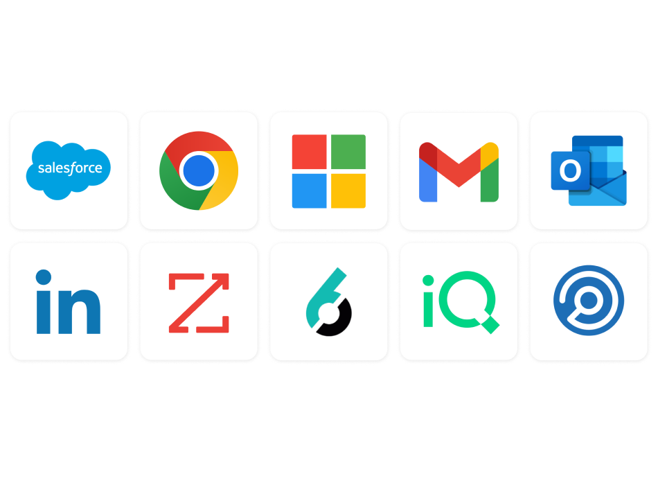 Integrations include Salesforce, Chrome, Microsoft Office, Gmail, LinkedIn, ZoomInfo, and more