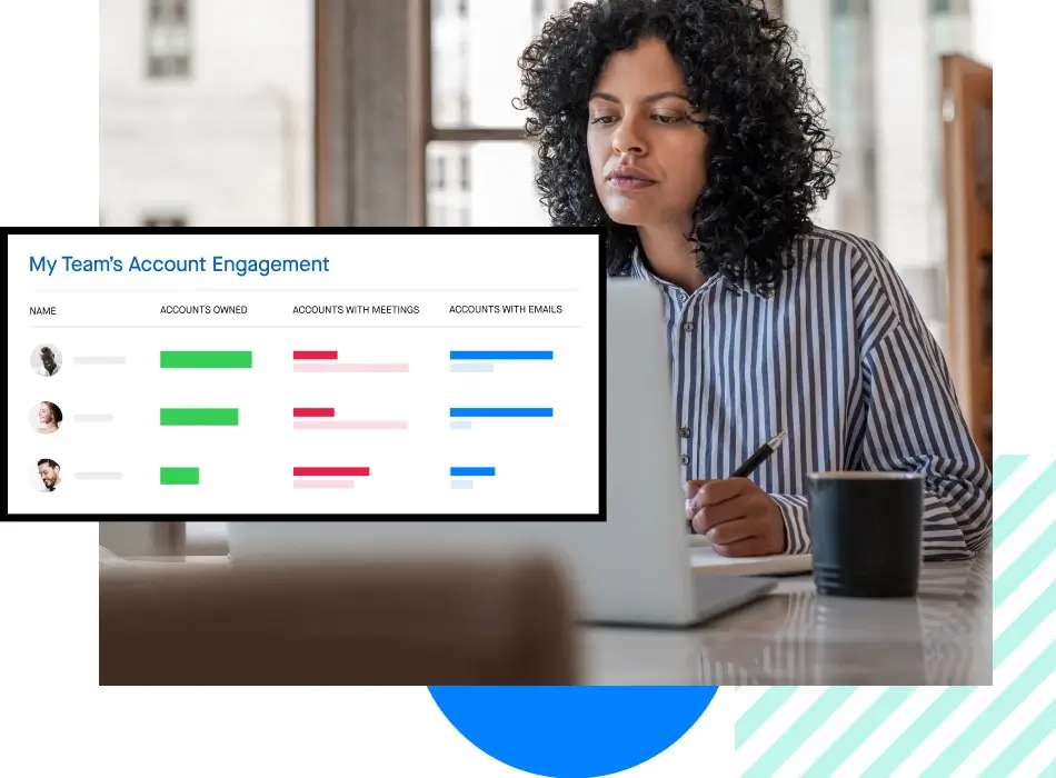Screenshot of a Clari account engagement report overlapping a photograph of a revenue leader looking at a laptop