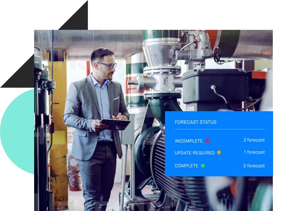 Illustration of a Clari forecast status report overlapping a photograph of a manufacturing sales rep walking through a factory