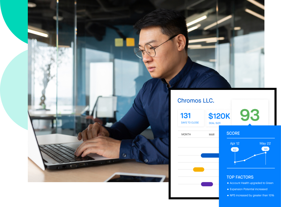 Stylized screenshot of a Clari report showing an account's activity score overlapping a photograph of a customer success professional